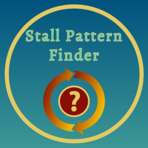a dark yellow circle enclosing the words "Stall Pattern Finder," which sit above a pair of arrows pointing tip to tail in a smaller circle around a question mark.